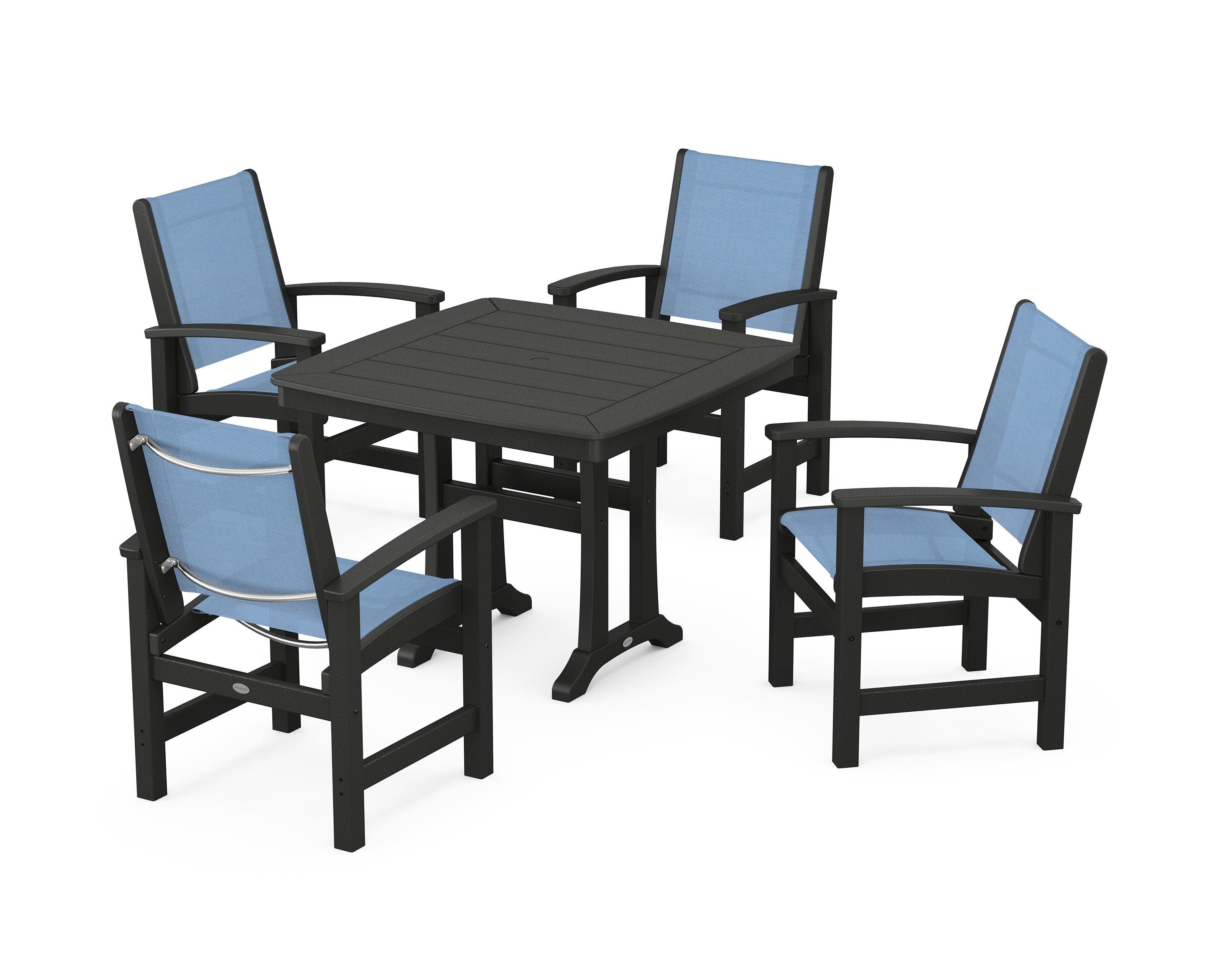 POLYWOOD® Coastal 5-Piece Dining Set with Trestle Legs in Black / Poolside Sling