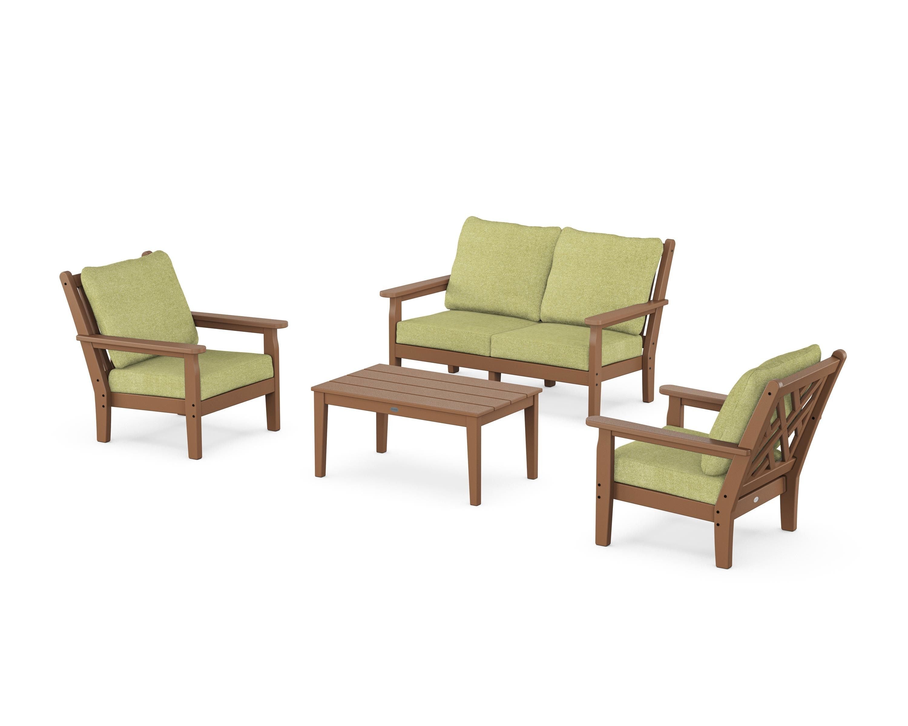 POLYWOOD® Chippendale 4-Piece Deep Seating Set with Loveseat in Teak / Chartreuse Boucle