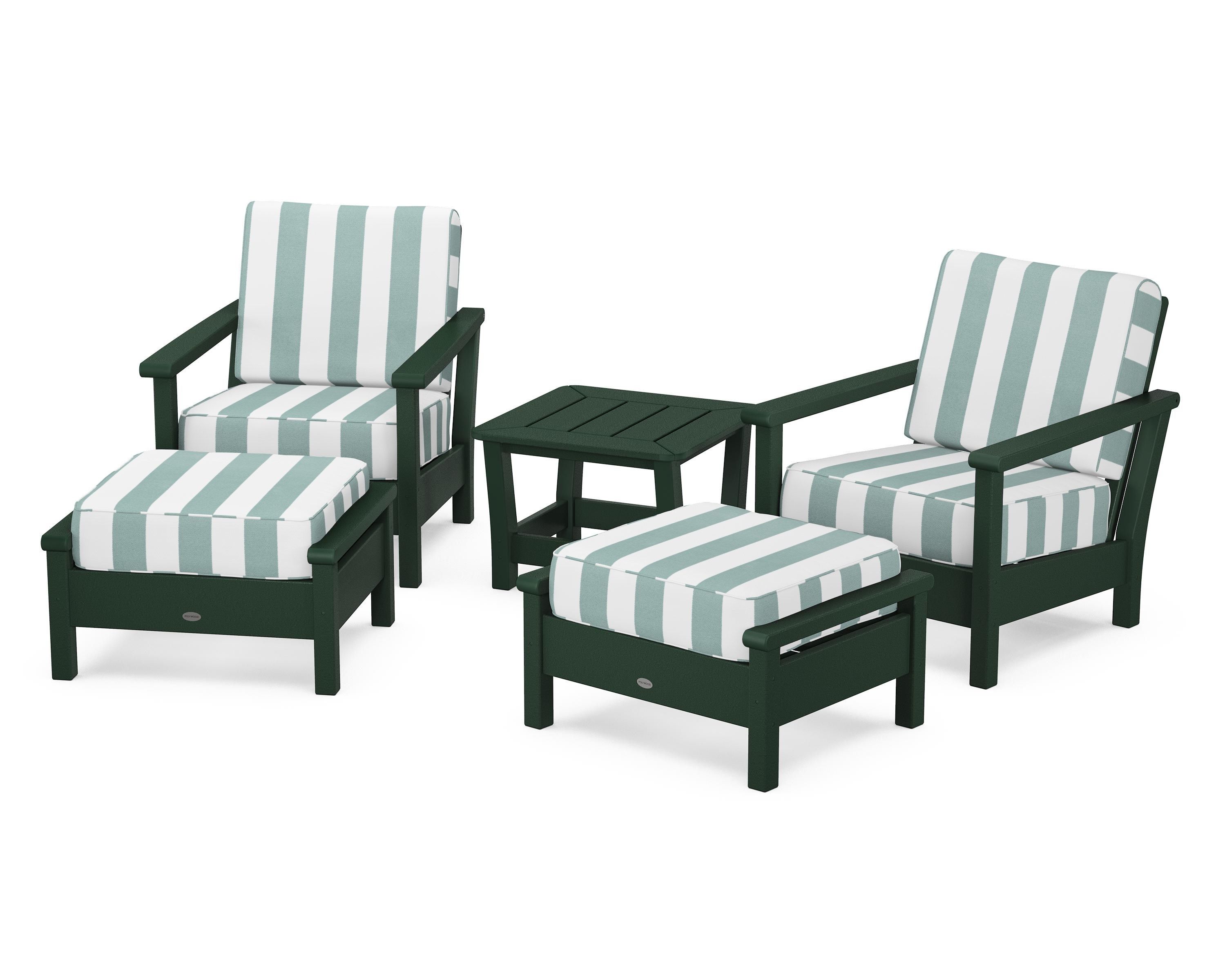 POLYWOOD® Harbour 5-Piece Deep Seating Chair Set in Green / Cabana Stripe Glacier Spa