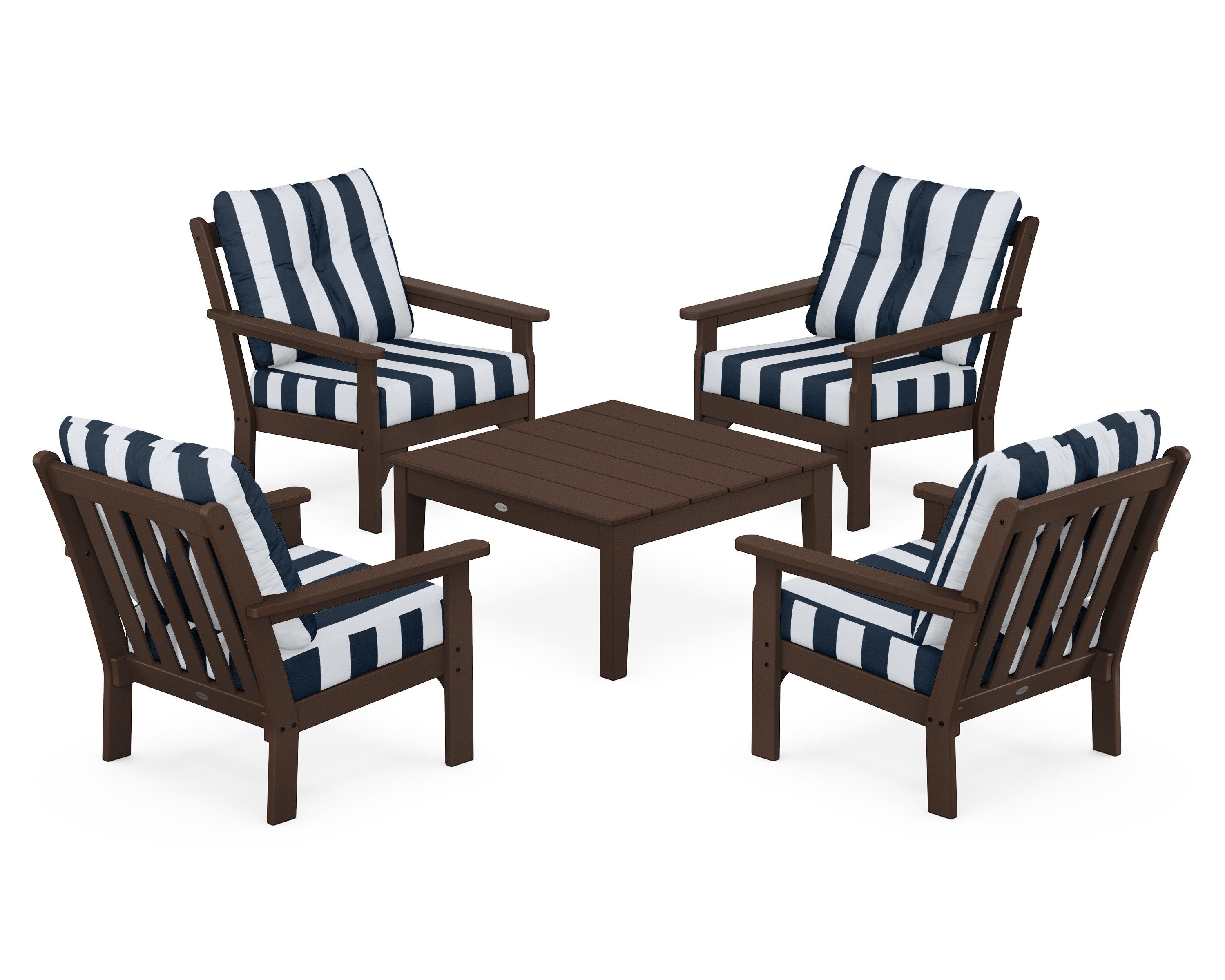 POLYWOOD® Vineyard 5-Piece Deep Seating Conversation Set in Mahogany / Cabana Stripe Marine Indigo