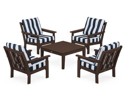 POLYWOOD® Vineyard 5-Piece Deep Seating Conversation Set in Mahogany / Cabana Stripe Marine Indigo