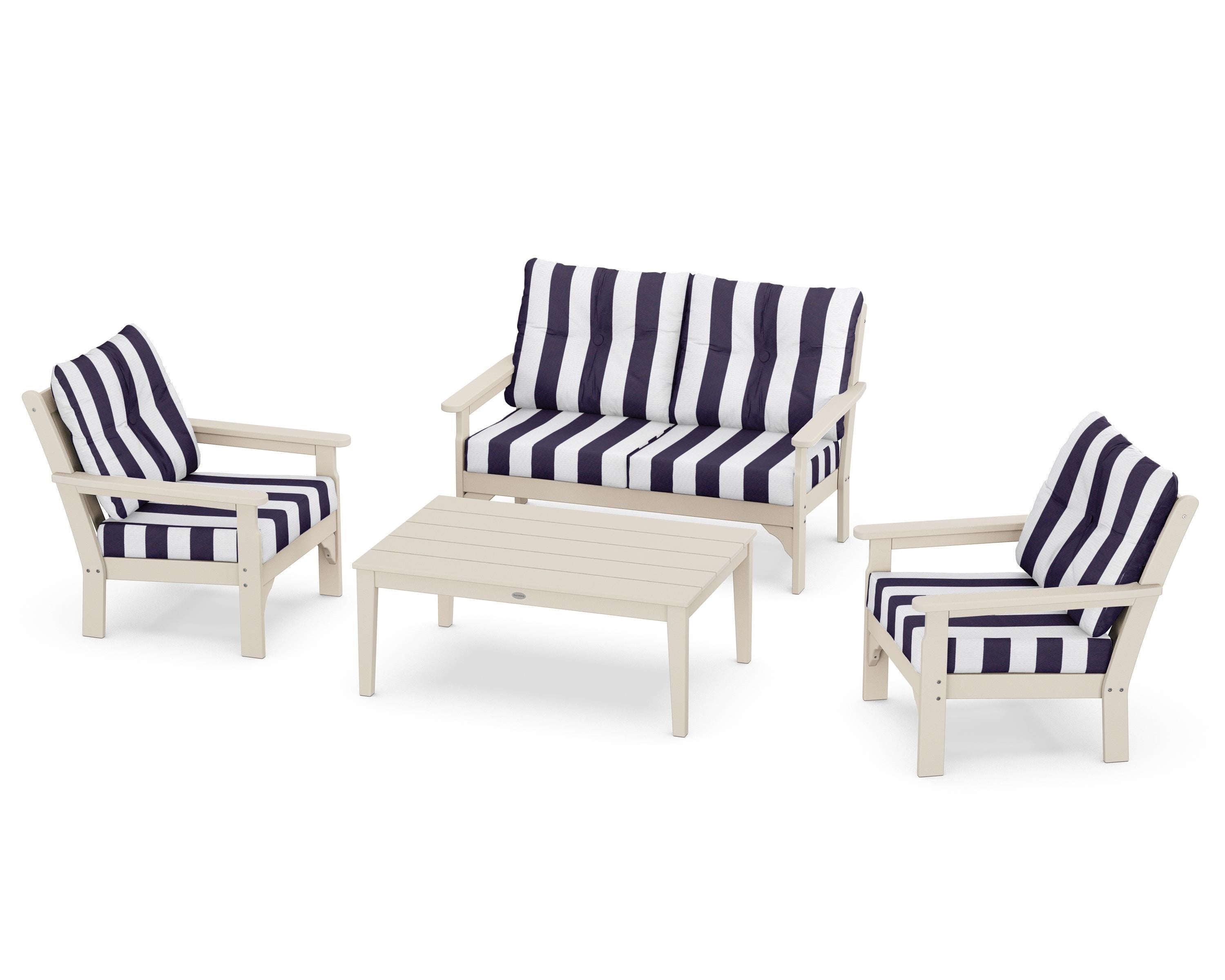 POLYWOOD® Vineyard 4-Piece Deep Seating Set in Sand / Cabana Stripe Navy