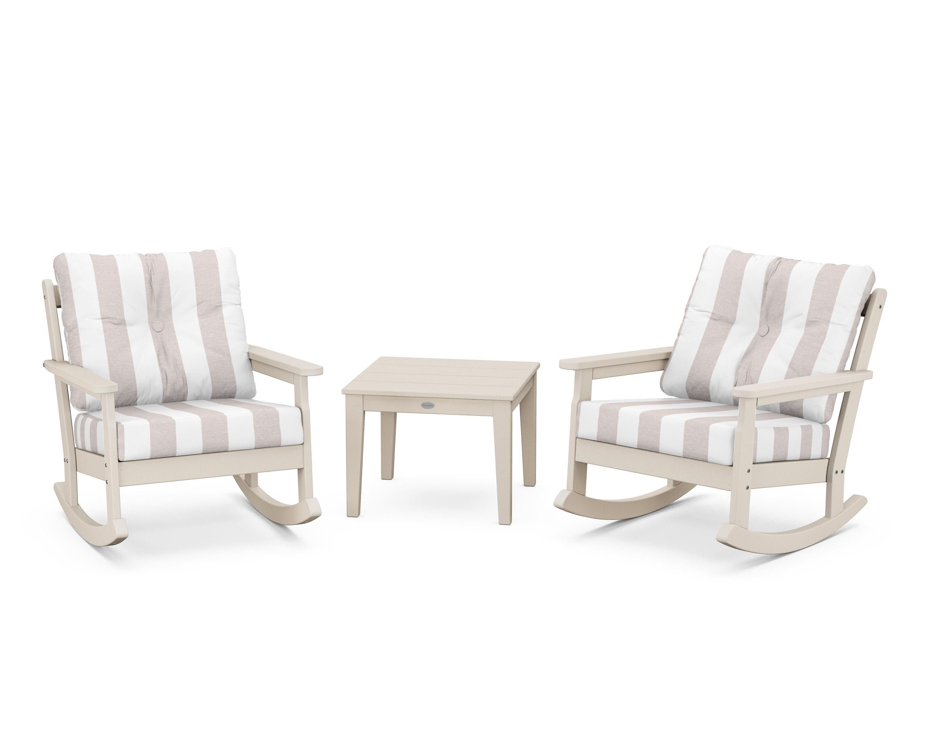 POLYWOOD® Vineyard 3-Piece Deep Seating Rocker Set in Sand / Cabana Stripe Dune Burlap