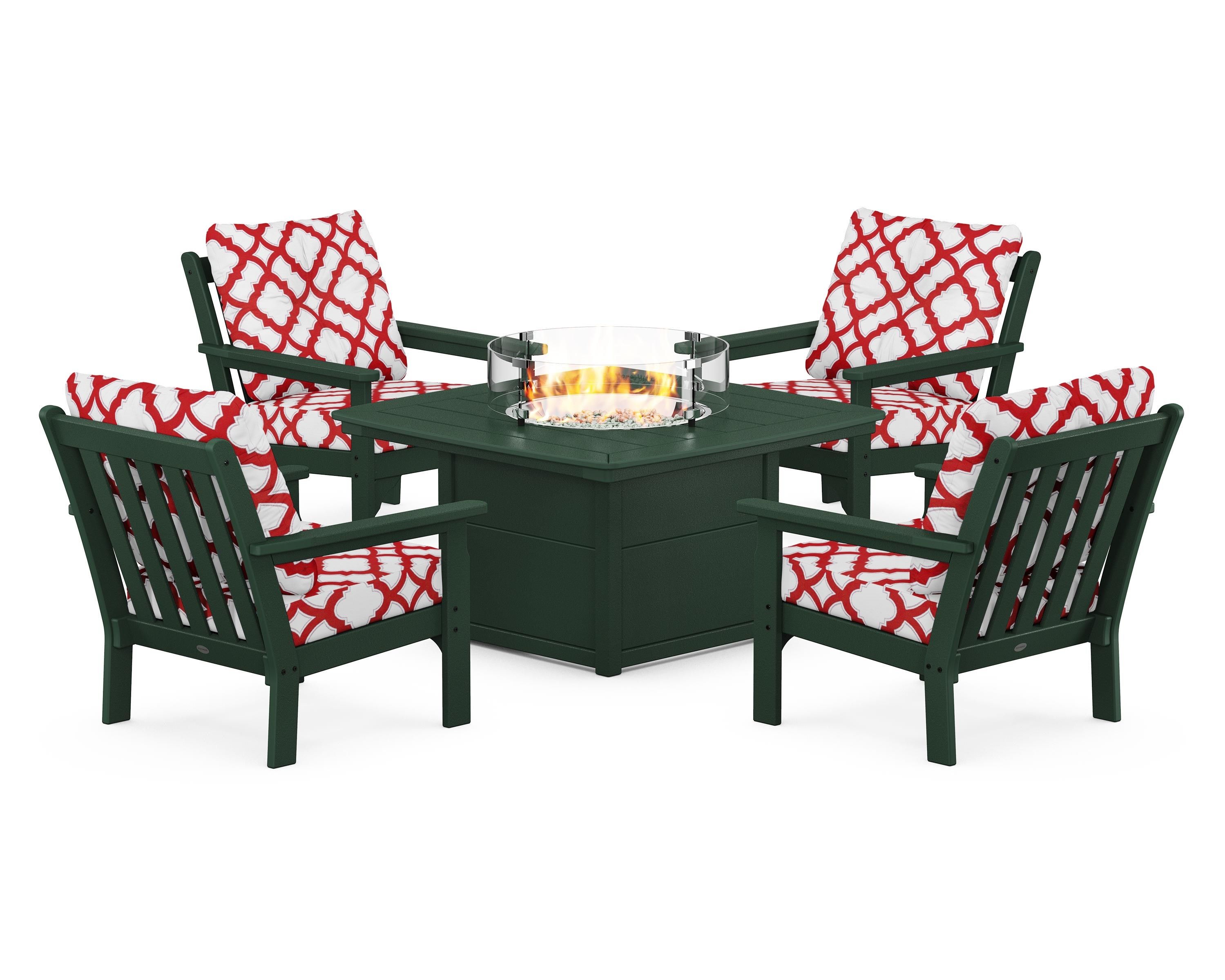 POLYWOOD® Vineyard 5-Piece Conversation Set with Fire Pit Table in Green / Trellis Crimson