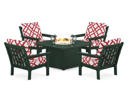POLYWOOD® Vineyard 5-Piece Conversation Set with Fire Pit Table in Green / Trellis Crimson