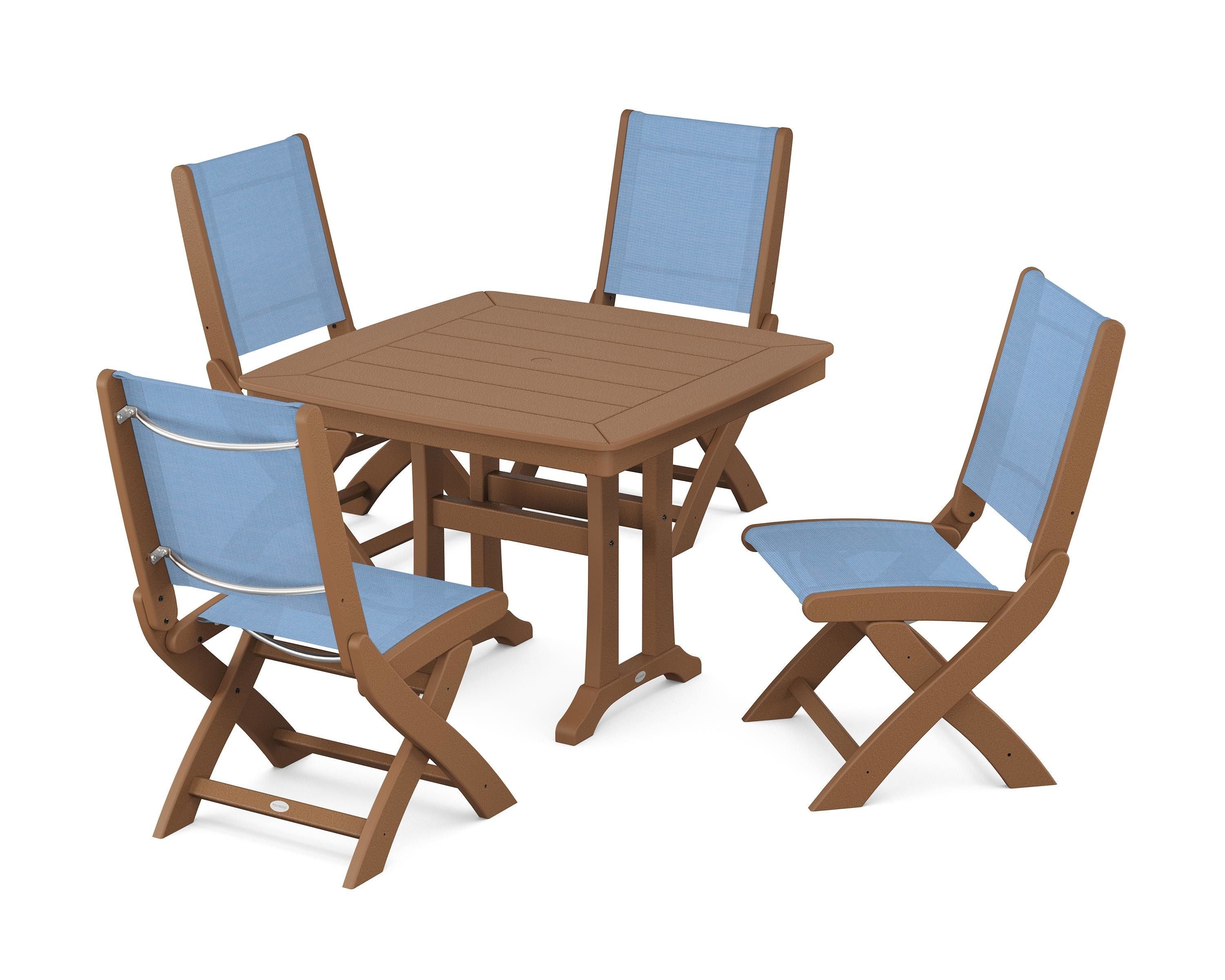 POLYWOOD® Coastal Folding Side Chair 5-Piece Dining Set with Trestle Legs in Teak / Poolside Sling