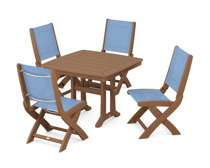 POLYWOOD® Coastal Folding Side Chair 5-Piece Dining Set with Trestle Legs in Teak / Poolside Sling