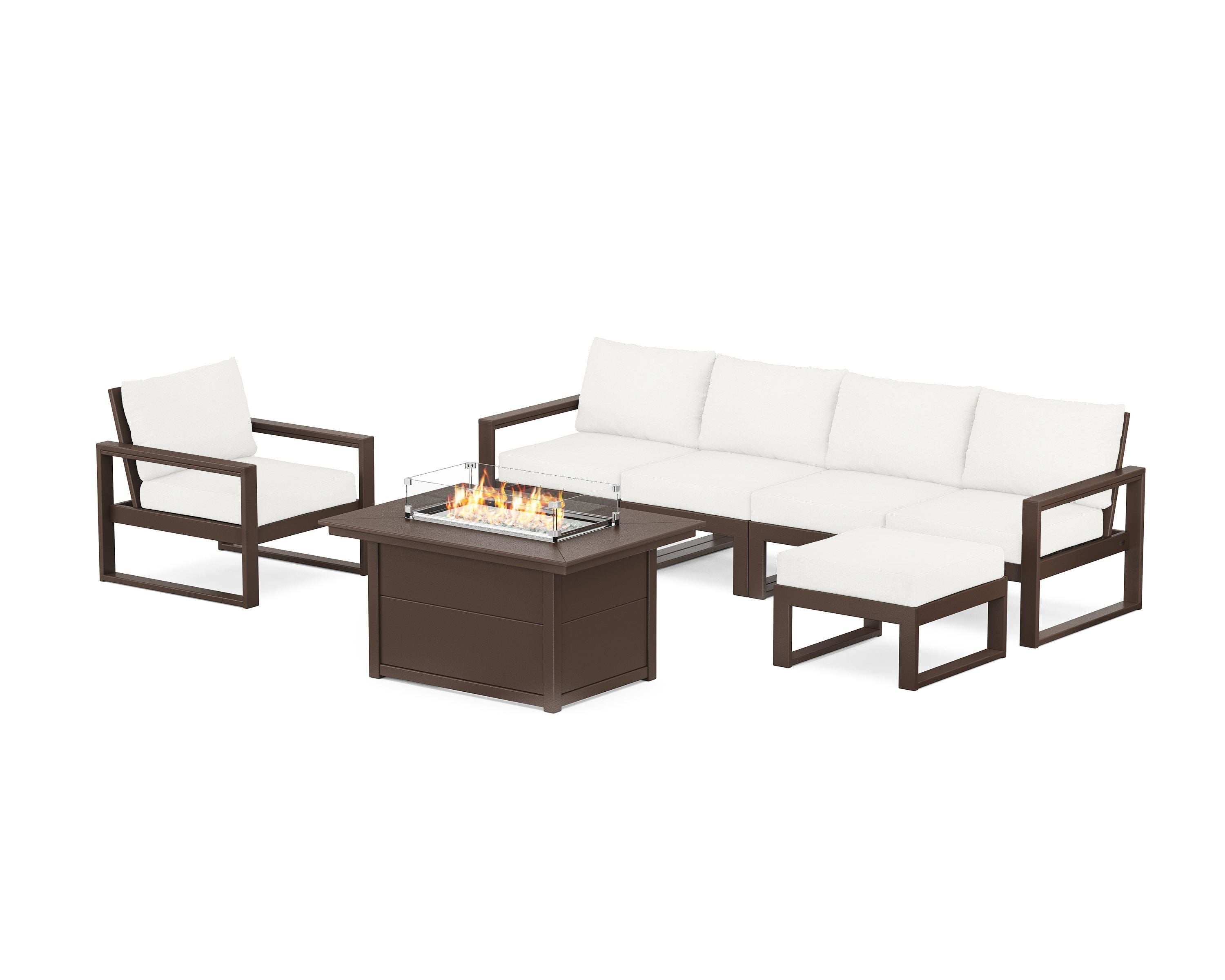 POLYWOOD® EDGE Sectional Lounge and Fire Pit Set in Mahogany / Natural Linen