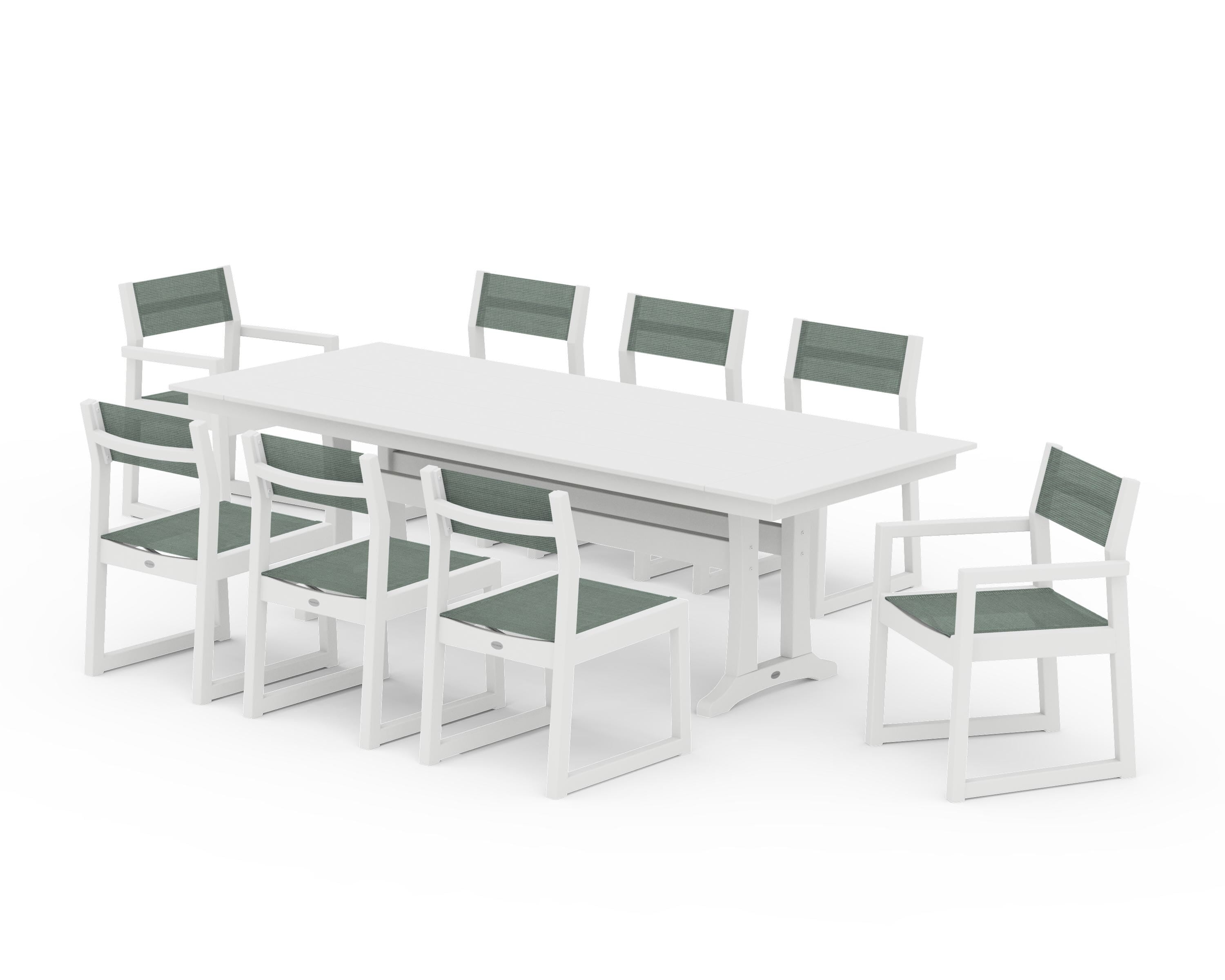 POLYWOOD® EDGE Sling 9-Piece Farmhouse Trestle Dining Set in White / Dupioni Sea Mist Sling