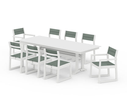 POLYWOOD® EDGE Sling 9-Piece Farmhouse Trestle Dining Set in White / Dupioni Sea Mist Sling