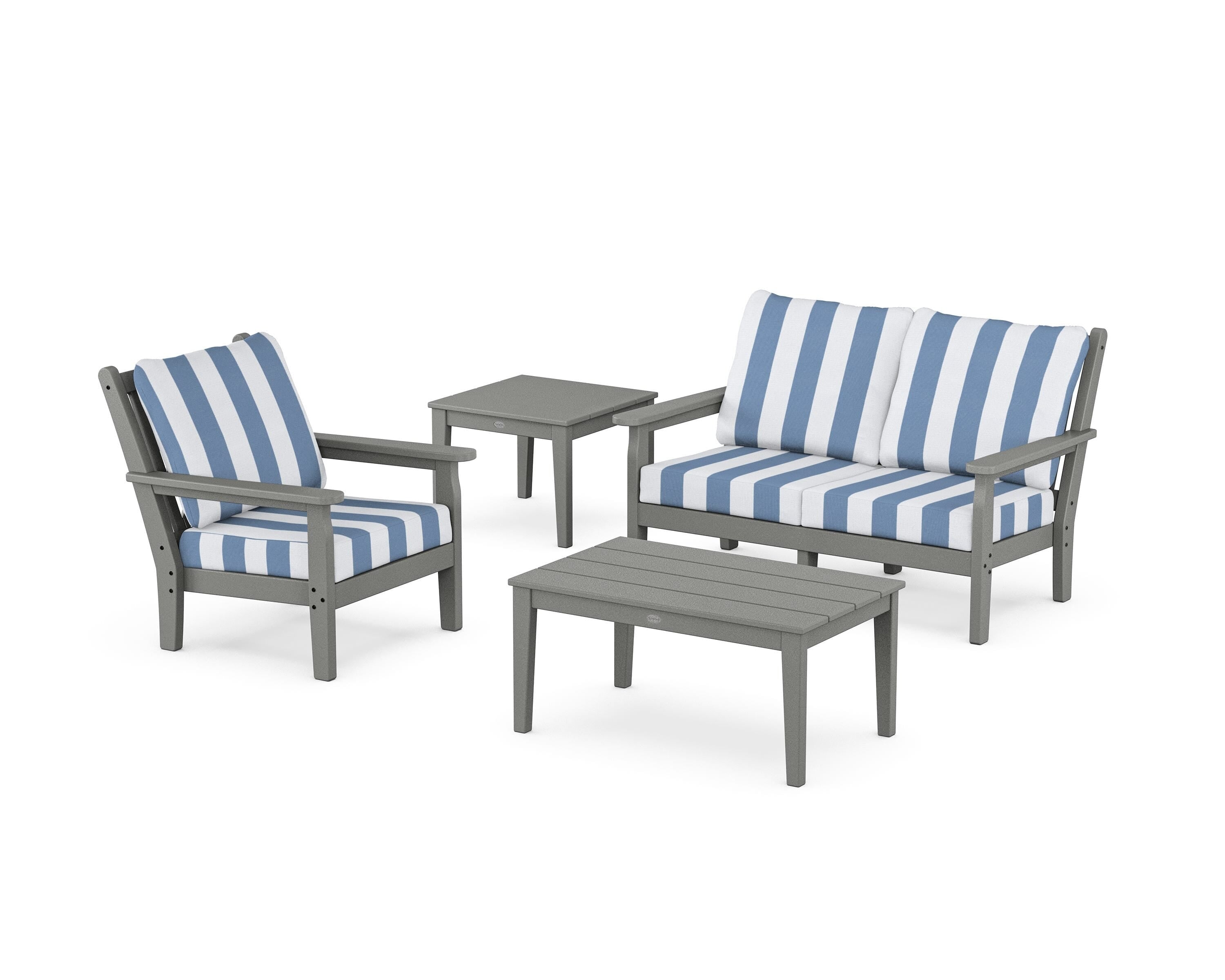 POLYWOOD® Chippendale 4-Piece Deep Seating Set in Slate Grey / Cabana Stripe Sky Blue