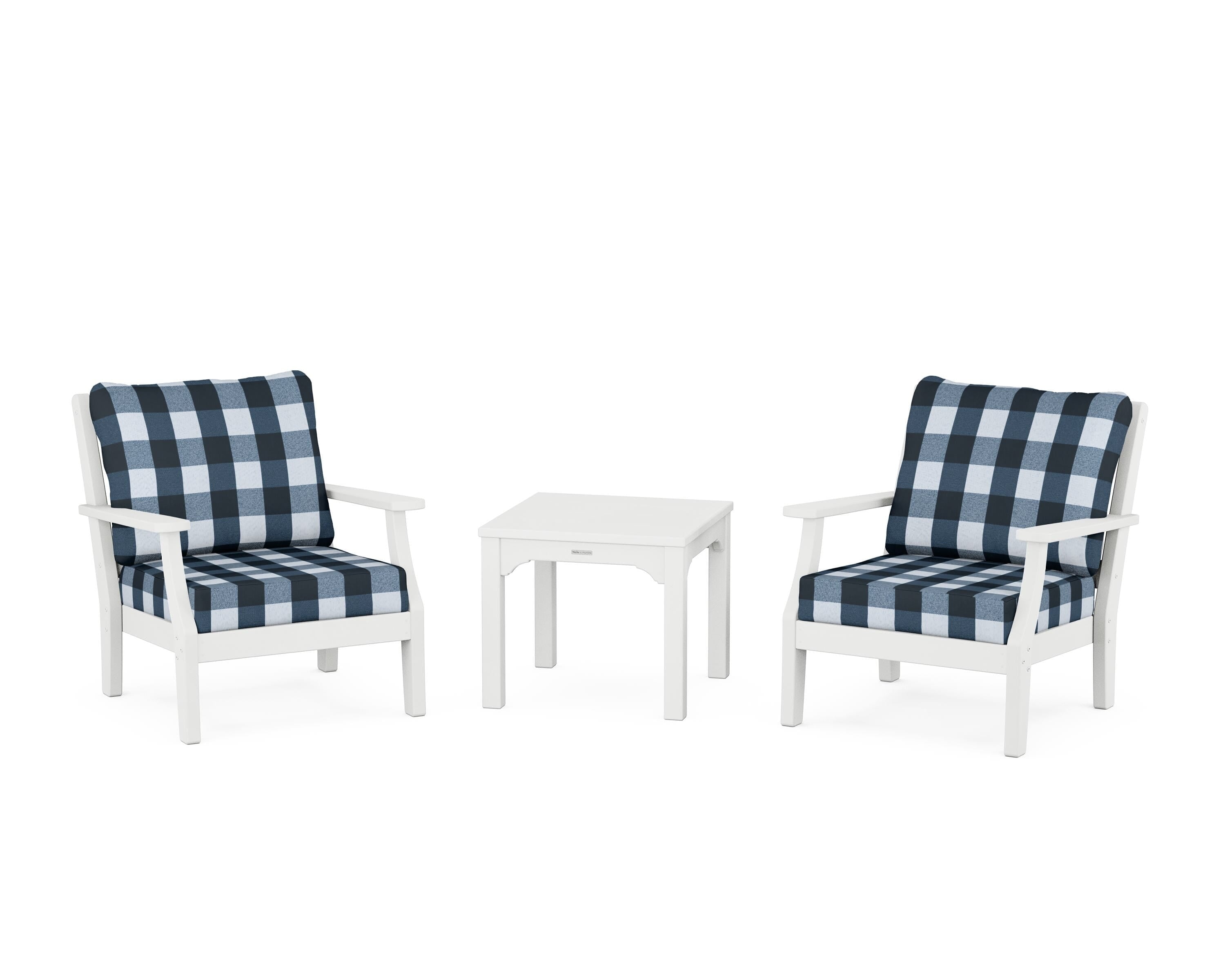 Martha Stewart by POLYWOOD® Chinoiserie 3-Piece Deep Seating Set in White / Buffalo Plaid Marine Indigo