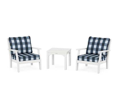 Martha Stewart by POLYWOOD® Chinoiserie 3-Piece Deep Seating Set in White / Buffalo Plaid Marine Indigo