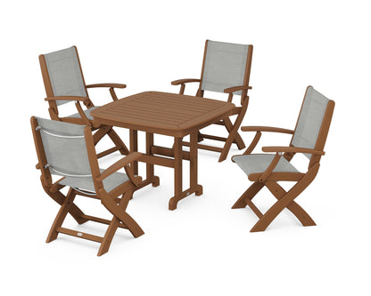 POLYWOOD® Coastal Folding Chair 5-Piece Dining Set in Teak / Metallic Sling