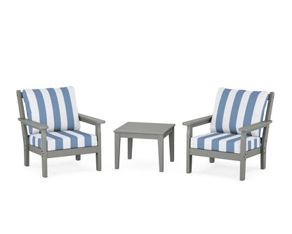 POLYWOOD® Chippendale 3-Piece Deep Seating Set in Slate Grey / Cabana Stripe Sky Blue