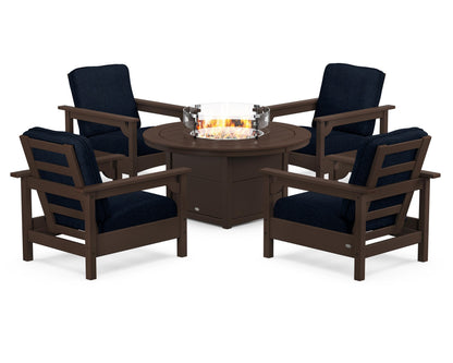 POLYWOOD® Club 5-Piece Conversation Set with Fire Pit Table in Mahogany / Marine Indigo