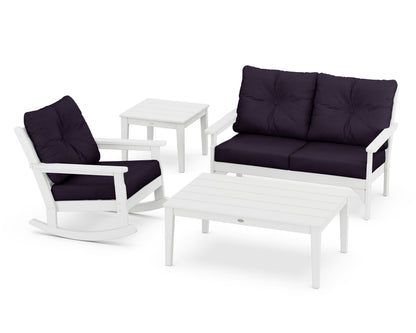 POLYWOOD® Vineyard 4-Piece Deep Seating Rocker Set in White / Navy Linen