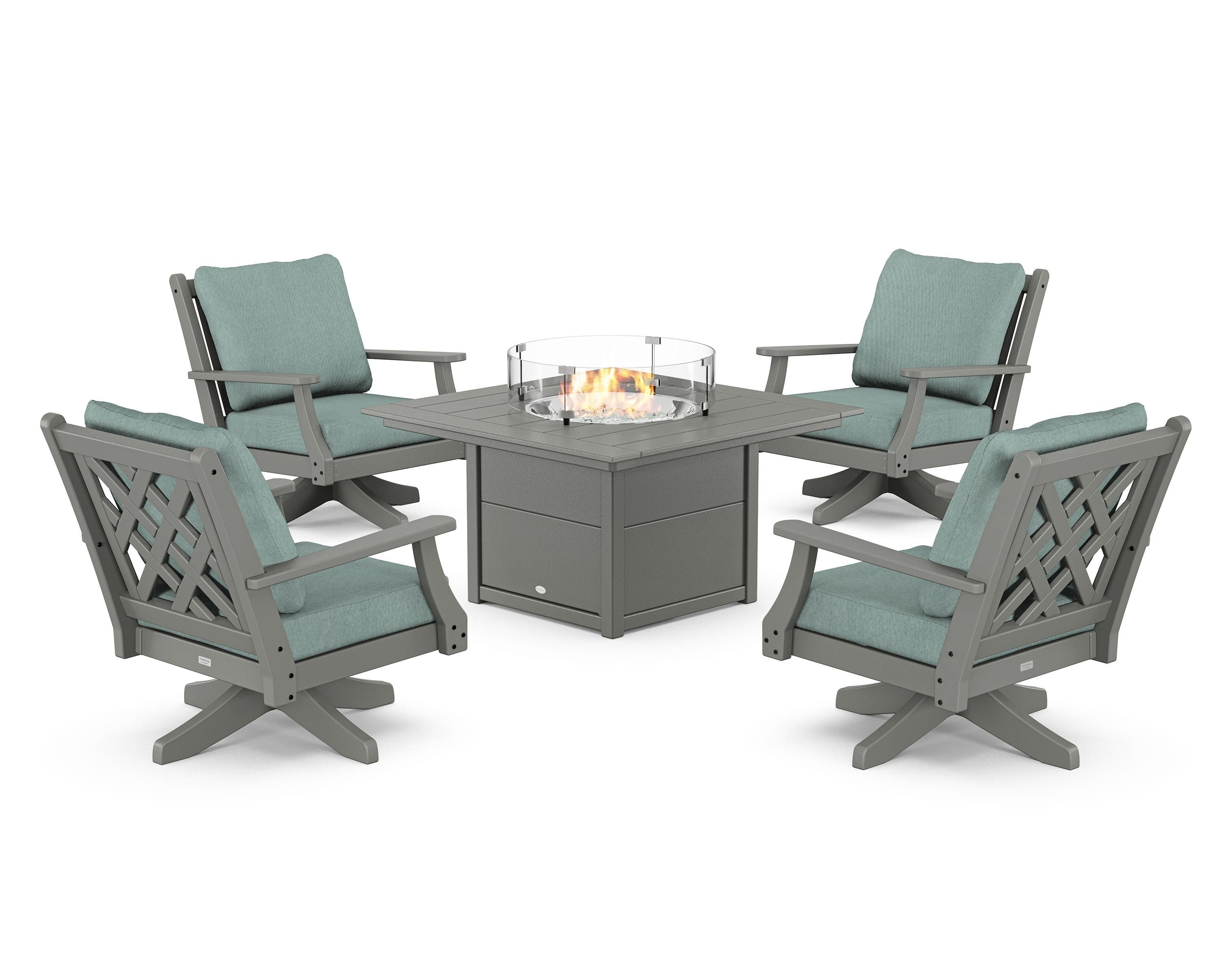 Country Living Wovendale 5-Piece Deep Seating Swivel Conversation Set with Fire Pit Table in Slate Grey / Glacier Spa