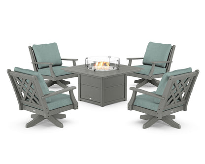 Country Living Wovendale 5-Piece Deep Seating Swivel Conversation Set with Fire Pit Table in Slate Grey / Glacier Spa