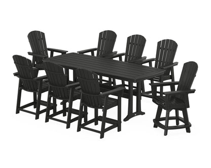 POLYWOOD® Nautical Curveback Adirondack Swivel 9-Piece Counter Set with Trestle Legs in Black