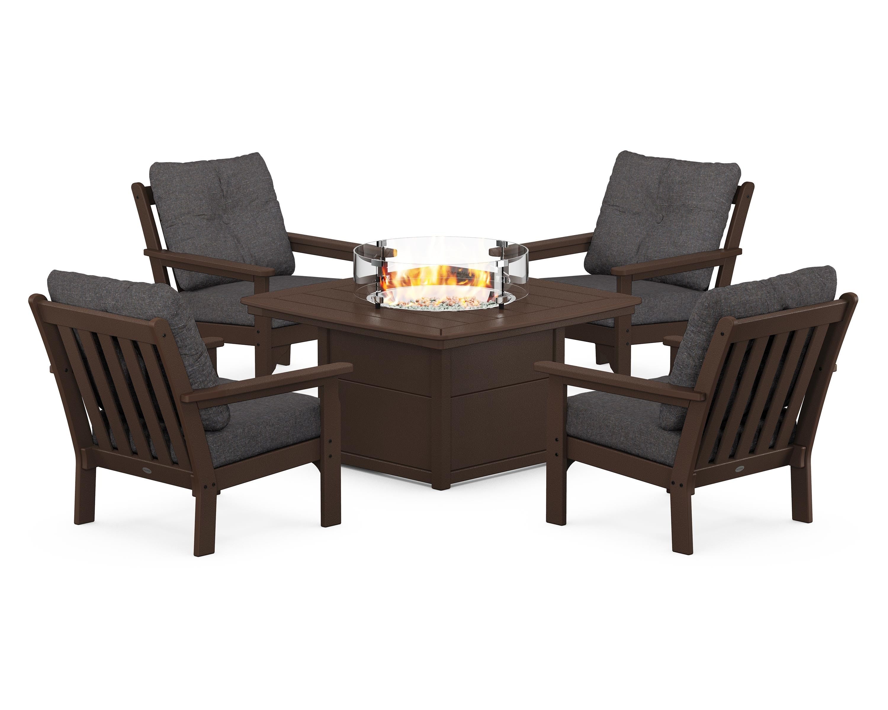 POLYWOOD® Vineyard 5-Piece Conversation Set with Fire Pit Table in Mahogany / Ash Charcoal