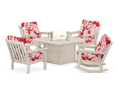 POLYWOOD® Vineyard 5-Piece Deep Seating Rocking Chair Conversation Set with Fire Pit Table in Sand / Leaf Crimson