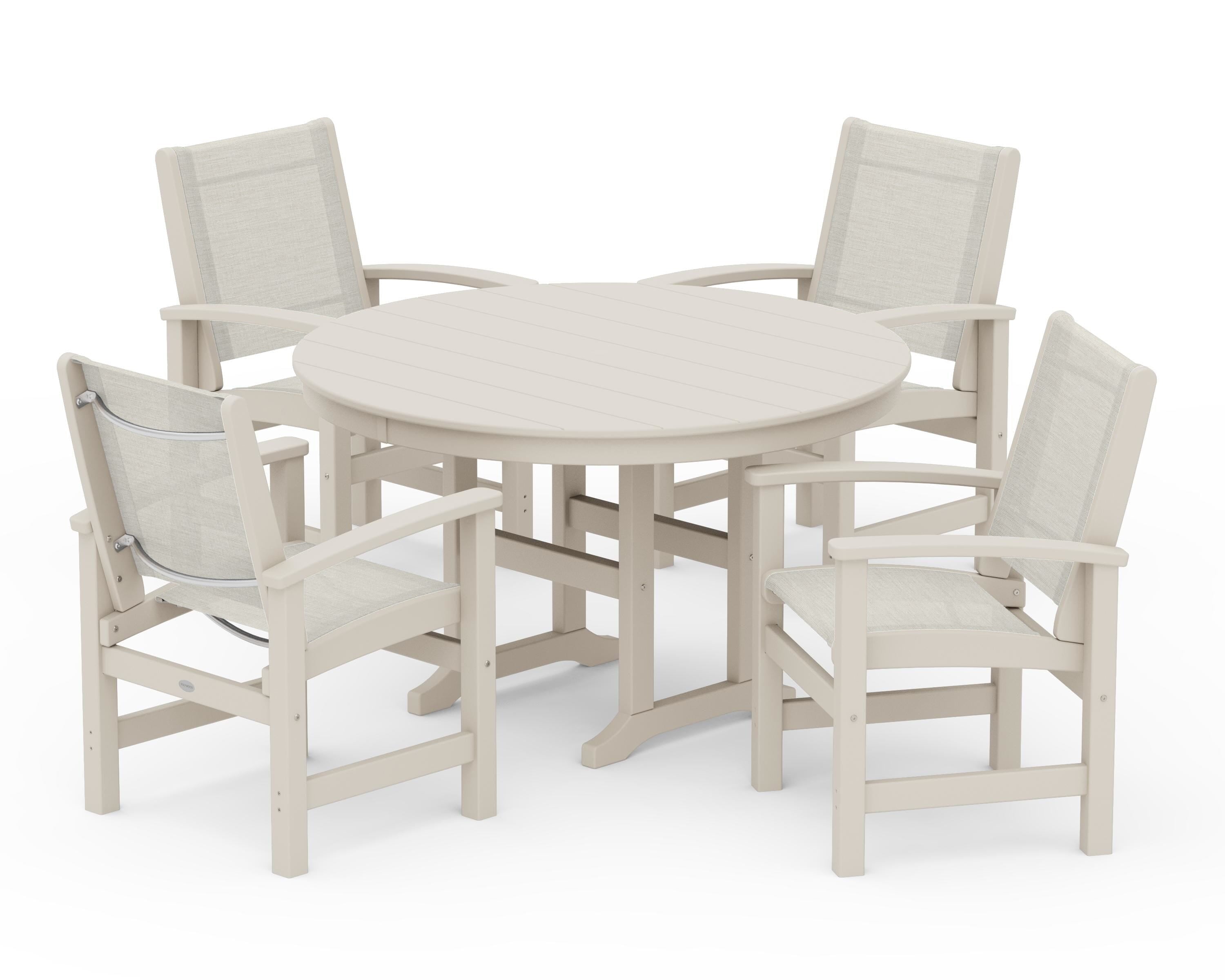POLYWOOD® Coastal 5-Piece Round Farmhouse Dining Set in Sand / Parchment Sling