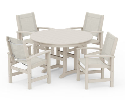 POLYWOOD® Coastal 5-Piece Round Farmhouse Dining Set in Sand / Parchment Sling