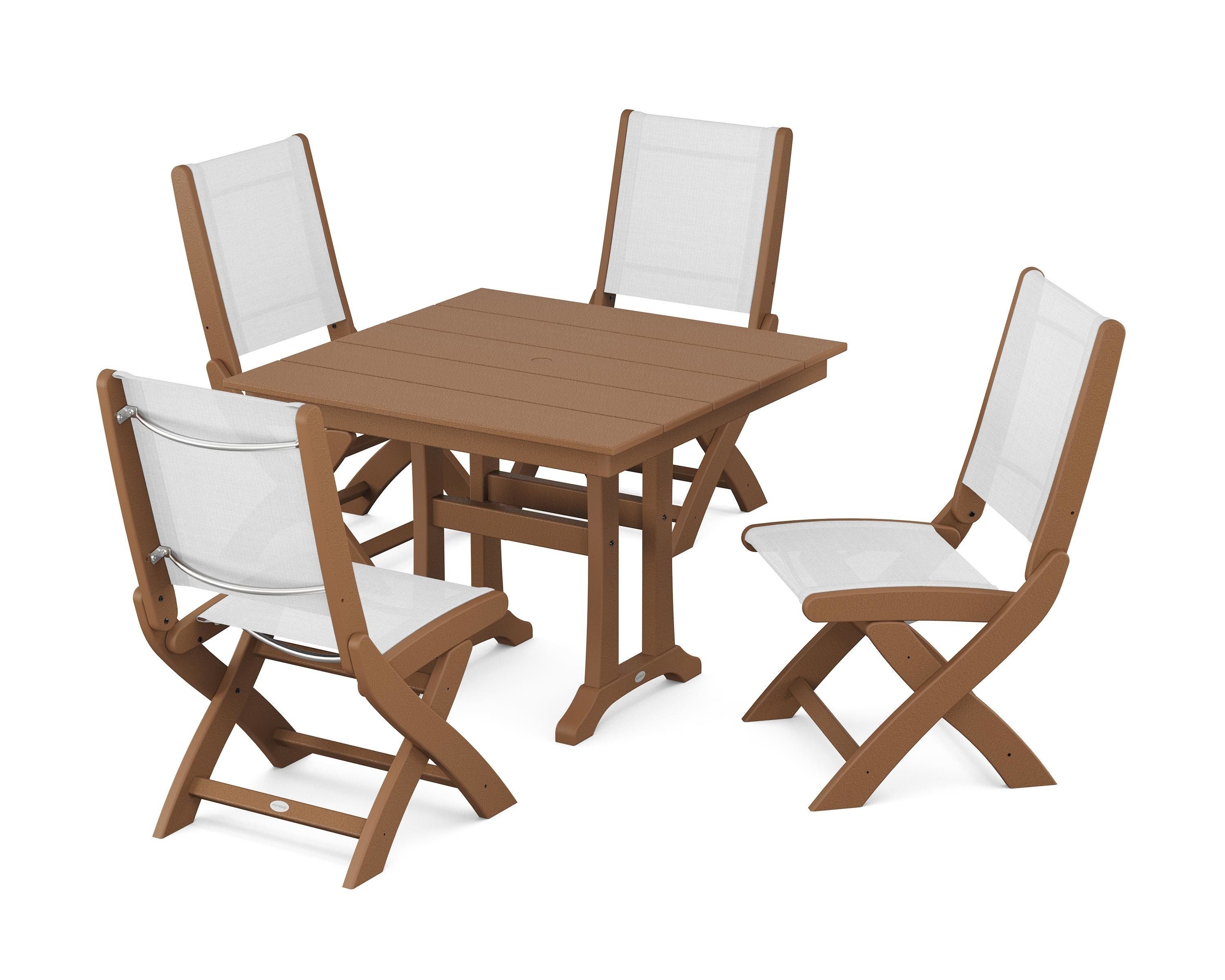 POLYWOOD® Coastal Folding Side Chair 5-Piece Farmhouse Dining Set With Trestle Legs in Teak / White Sling