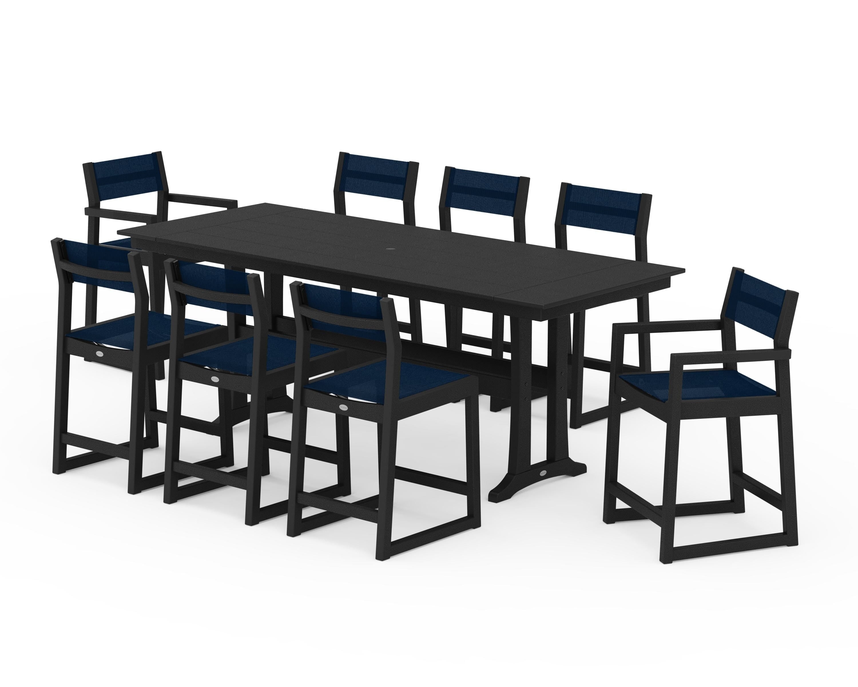 POLYWOOD® EDGE Sling 9-Piece Farmhouse Counter Set with Trestle Legs in Black / Navy Blue Sling