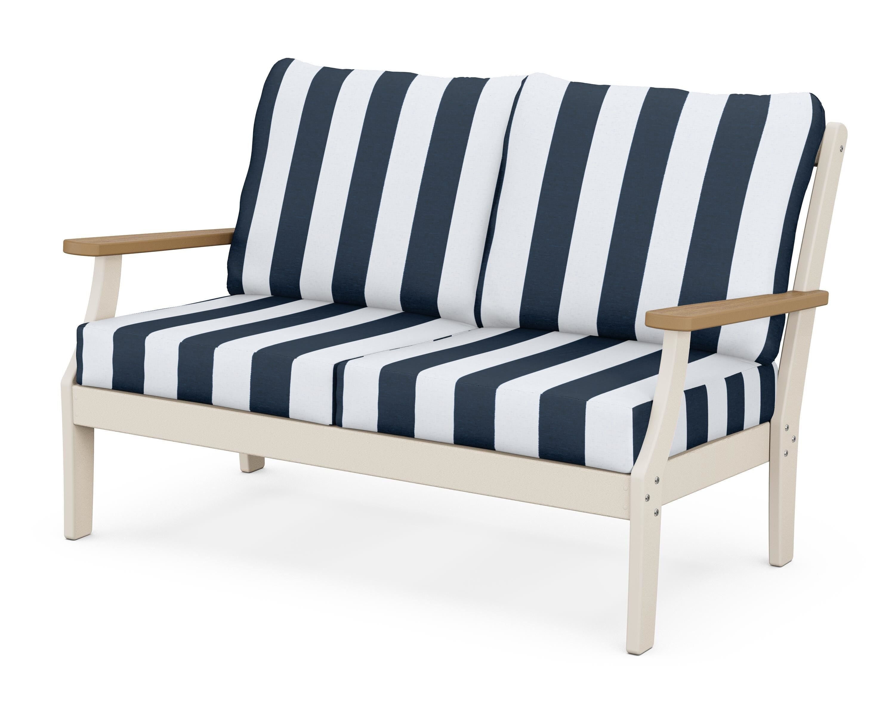 POLYWOOD® Braxton Deep Seating Loveseat in Sand / Natural / Cabana Stripe Marine Indigo