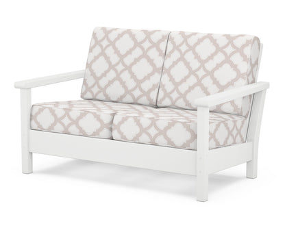 POLYWOOD® Harbour Deep Seating Loveseat in White / Trellis Dune Burlap