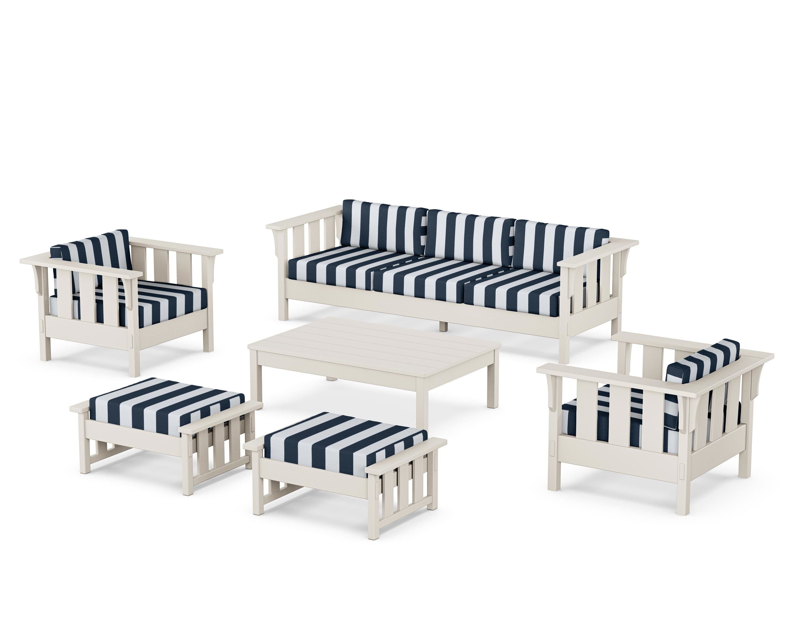 Martha Stewart by POLYWOOD® Acadia 6-Piece Lounge Sofa Set in Sand / Cabana Stripe Marine Indigo