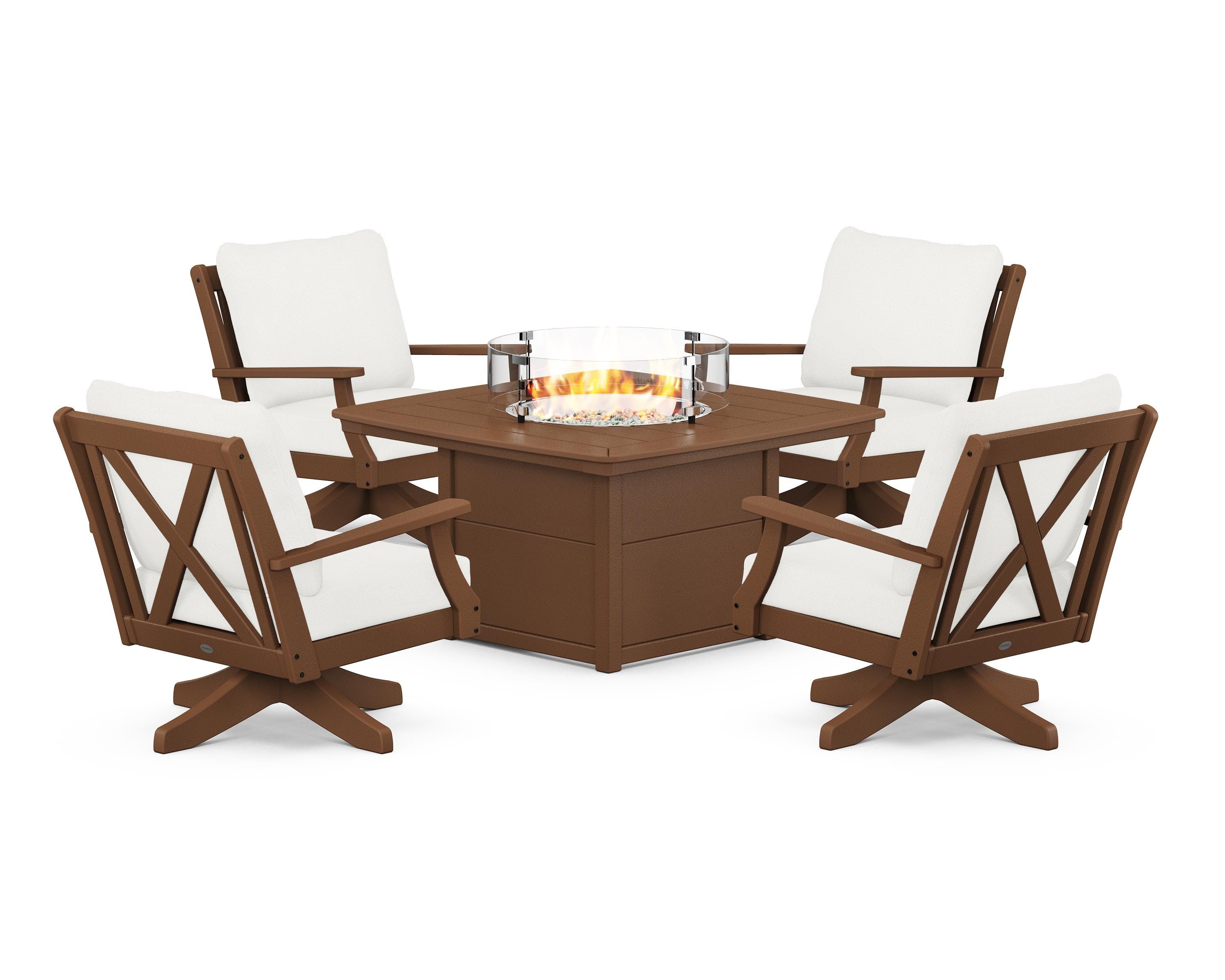 POLYWOOD® Braxton 5-Piece Deep Seating Swivel Conversation Set with Fire Pit Table in Teak / Natural Linen