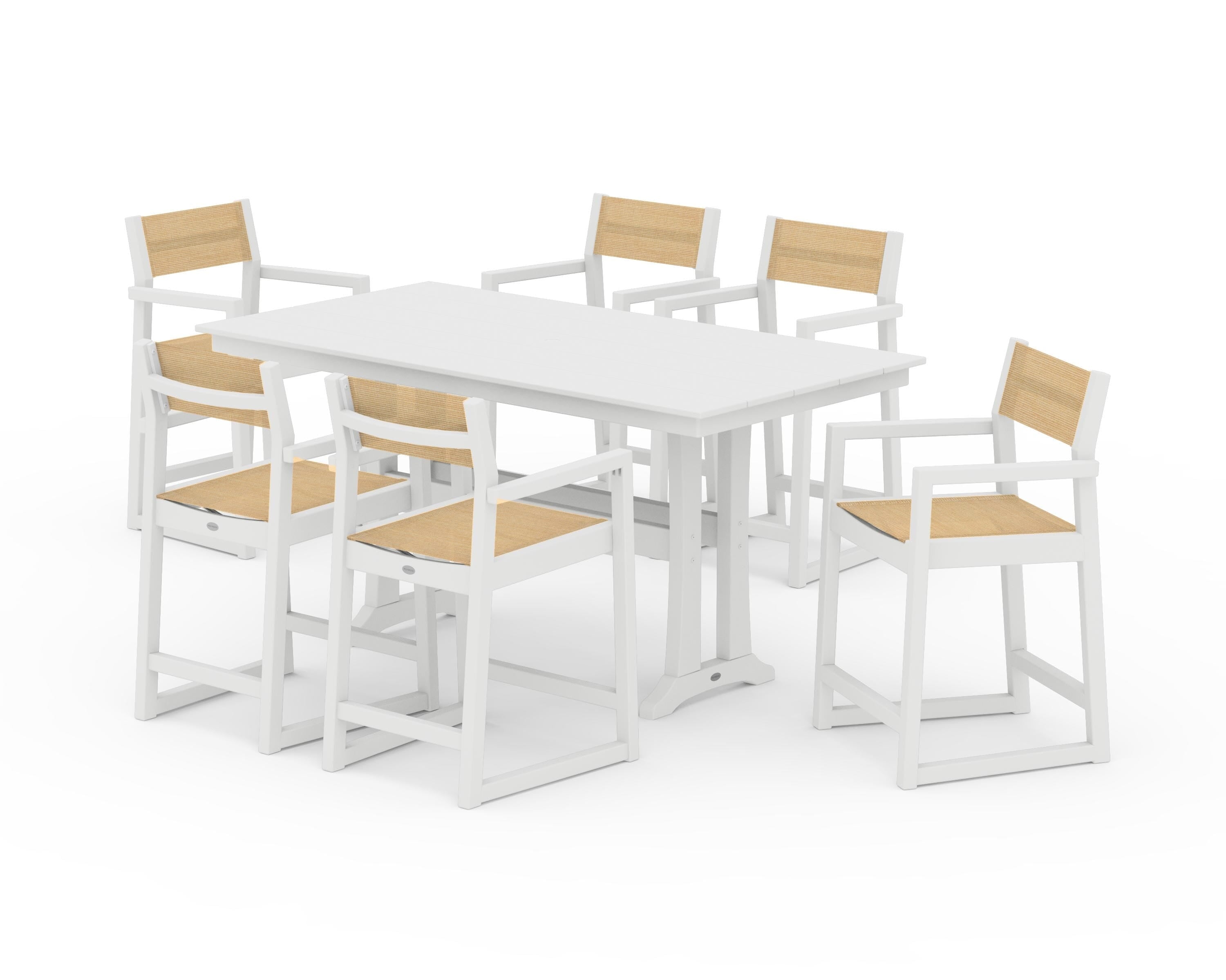POLYWOOD® EDGE Sling Arm Chair 7-Piece Farmhouse Counter Set with Trestle Legs in White / Dupioni Apricot Sling