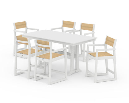 POLYWOOD® EDGE Sling Arm Chair 7-Piece Farmhouse Counter Set with Trestle Legs in White / Dupioni Apricot Sling