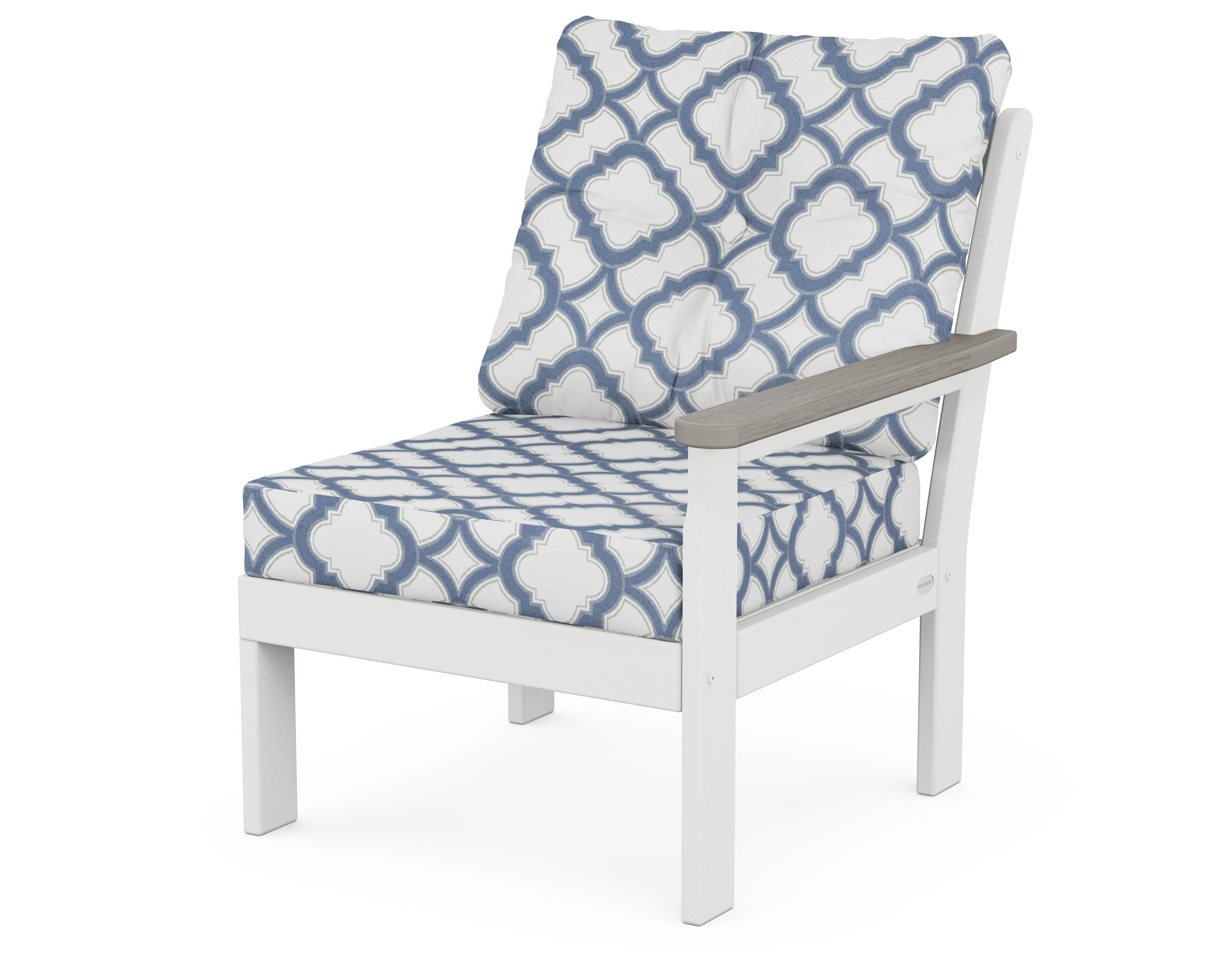 POLYWOOD® Vineyard Modular Right Arm Chair in White / Driftwood / Trellis Sky Blue