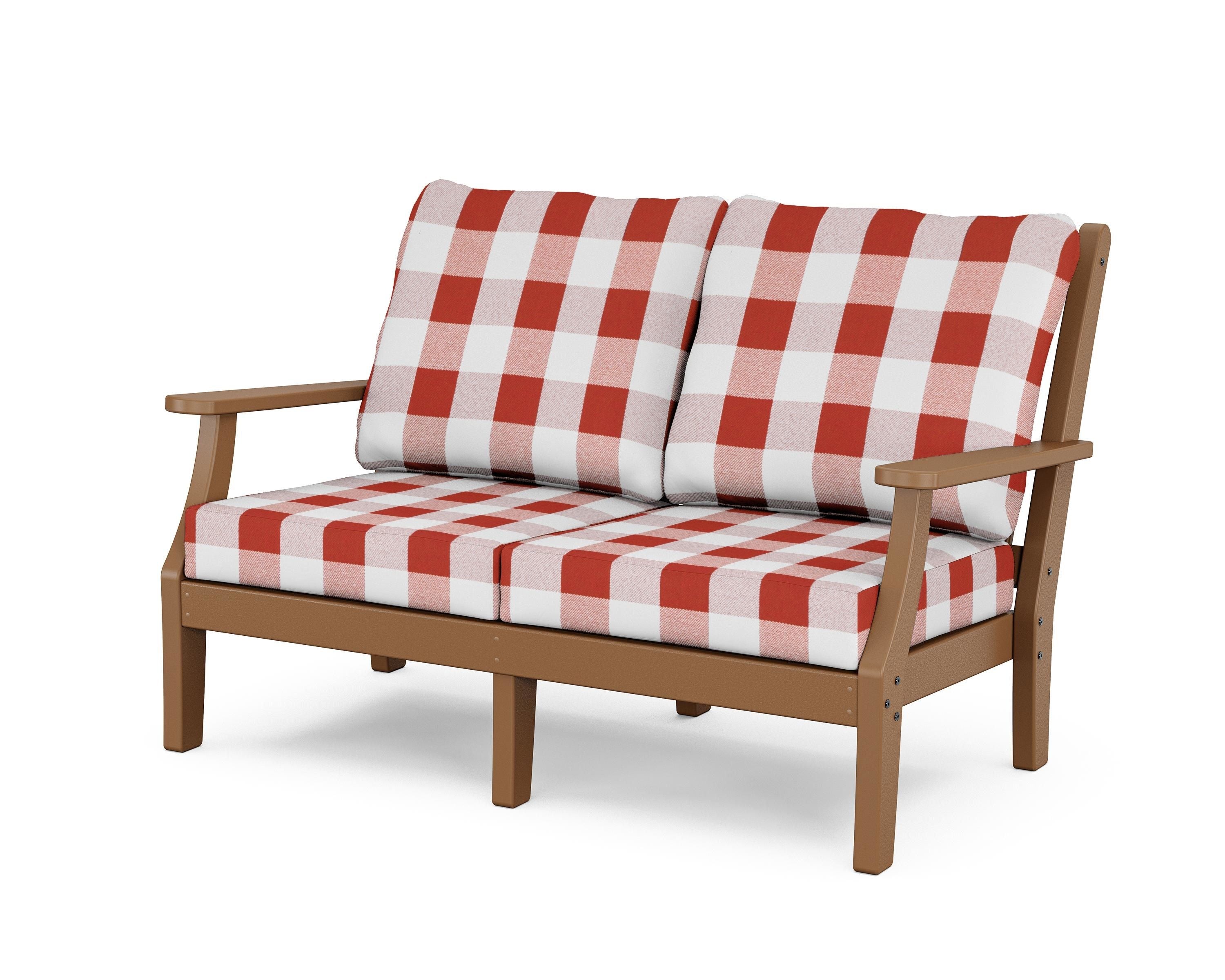Country Living Wovendale Deep Seating Loveseat in Teak / Buffalo Plaid Crimson