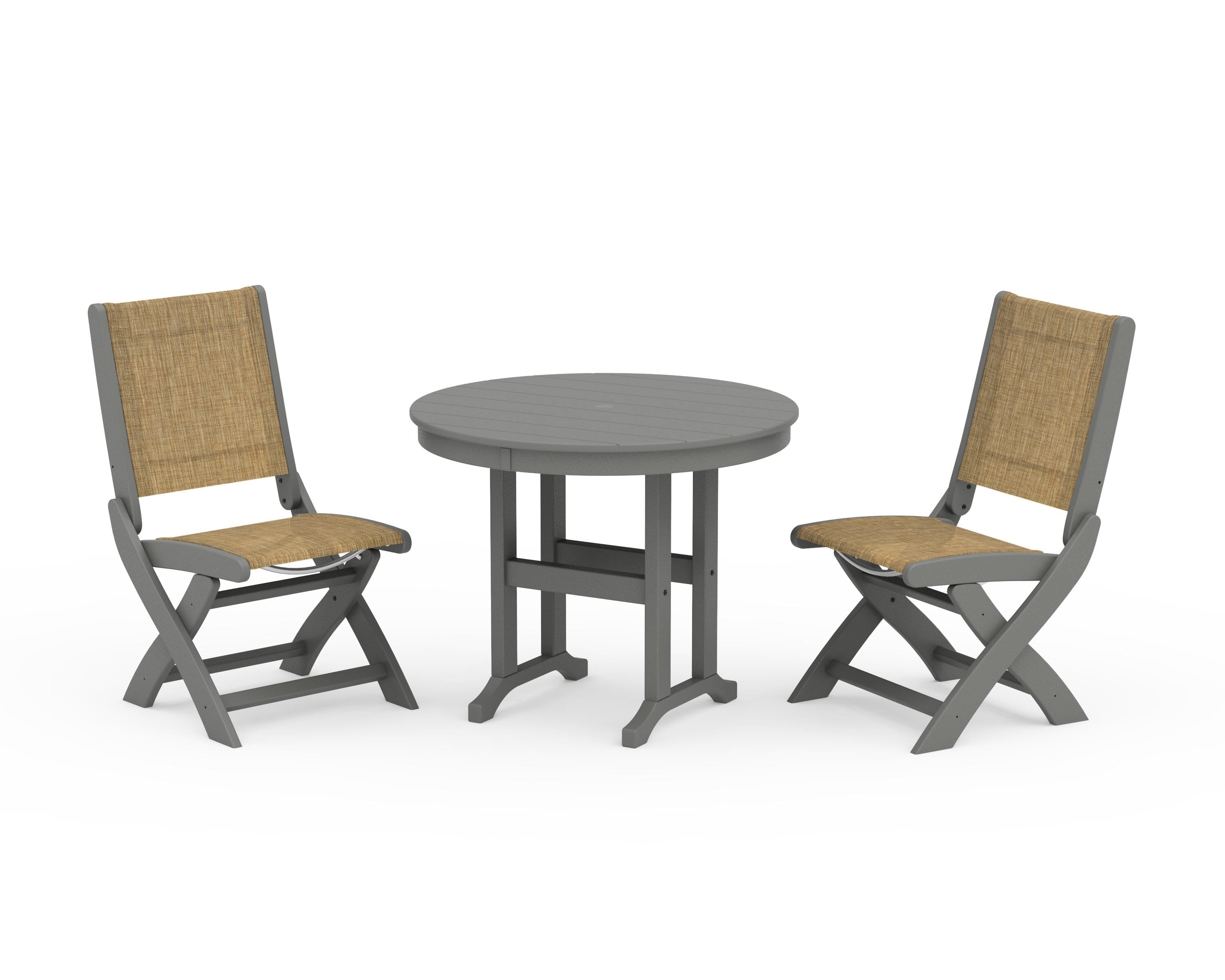 POLYWOOD® Coastal Folding Side Chair 3-Piece Round Dining Set in Slate Grey / Burlap Sling