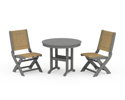 POLYWOOD® Coastal Folding Side Chair 3-Piece Round Dining Set in Slate Grey / Burlap Sling
