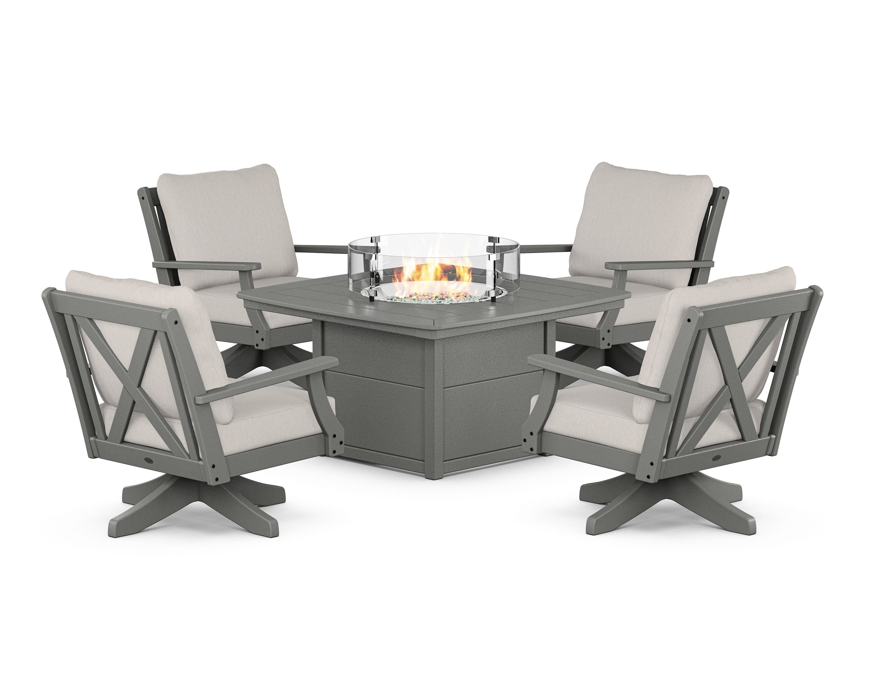 POLYWOOD® Braxton 5-Piece Deep Seating Swivel Conversation Set with Fire Pit Table in Slate Grey / Cast Ash
