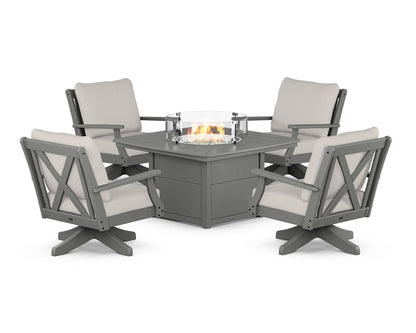 POLYWOOD® Braxton 5-Piece Deep Seating Swivel Conversation Set with Fire Pit Table in Slate Grey / Cast Ash