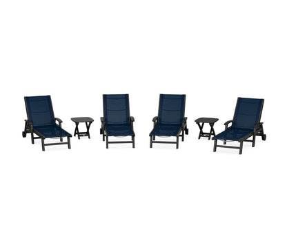 POLYWOOD® Coastal Chaise 6-Piece Set with Wheels in Black / Navy Blue Sling