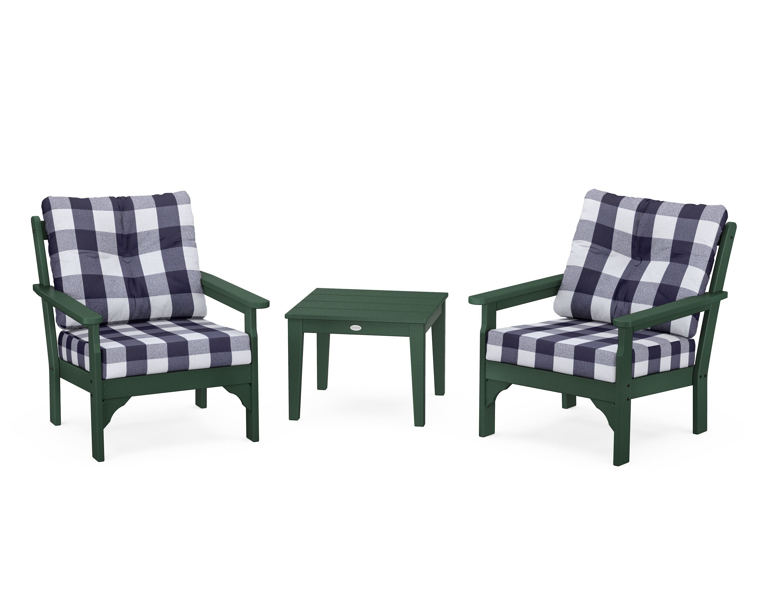 POLYWOOD® Vineyard 3-Piece Deep Seating Set in Green / Buffalo Plaid Navy