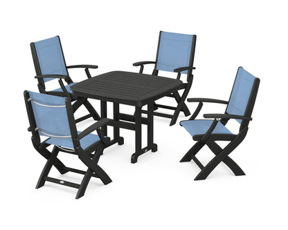 POLYWOOD® Coastal Folding Chair 5-Piece Dining Set in Black / Poolside Sling