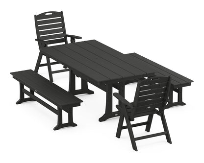POLYWOOD® Nautical Folding Highback Chair 5-Piece Farmhouse Dining Set With Trestle Legs and Benches in Black