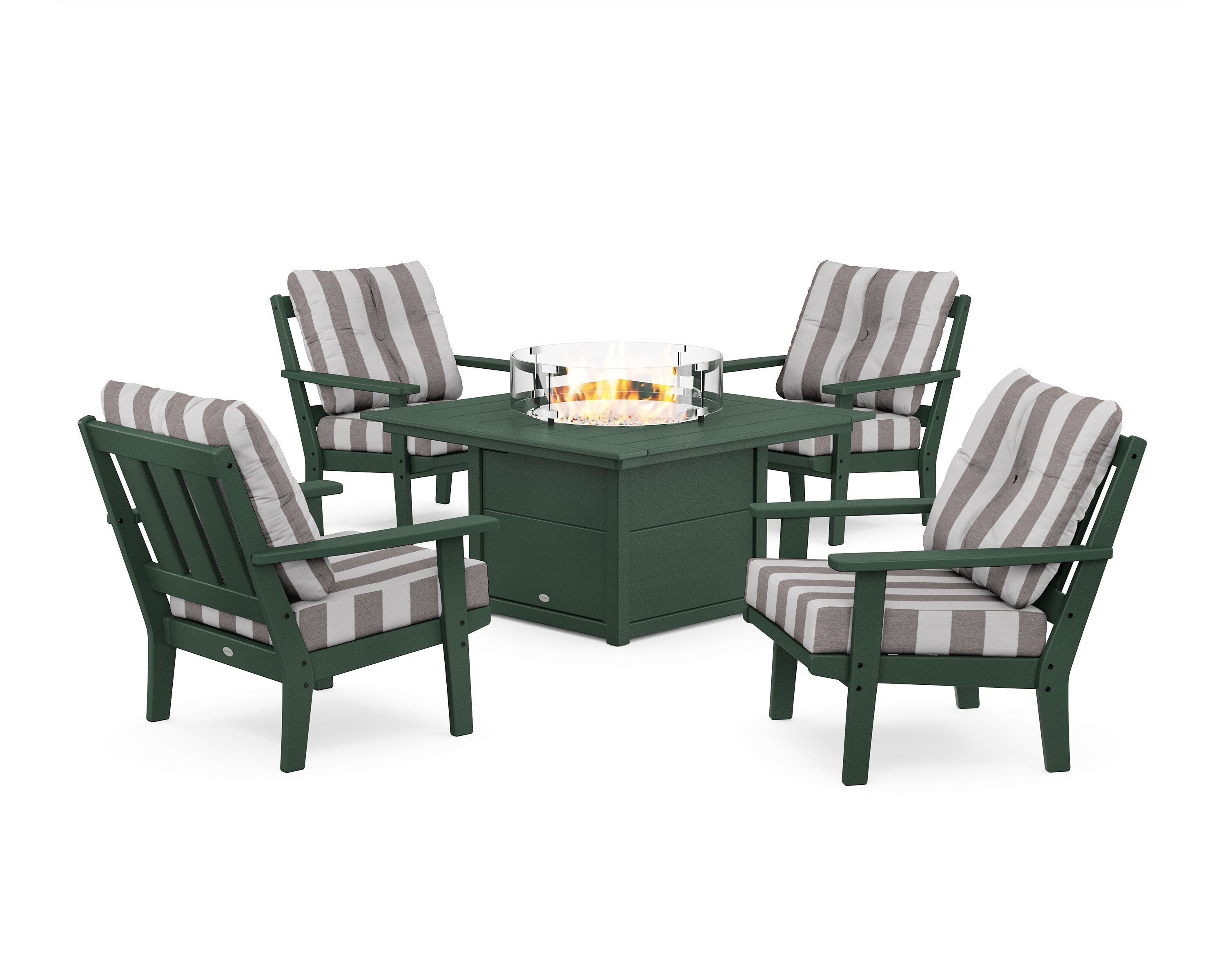 POLYWOOD® Oxford 5-Piece Deep Seating Set with Fire Pit Table in Green / Cabana Stripe Grey Mist