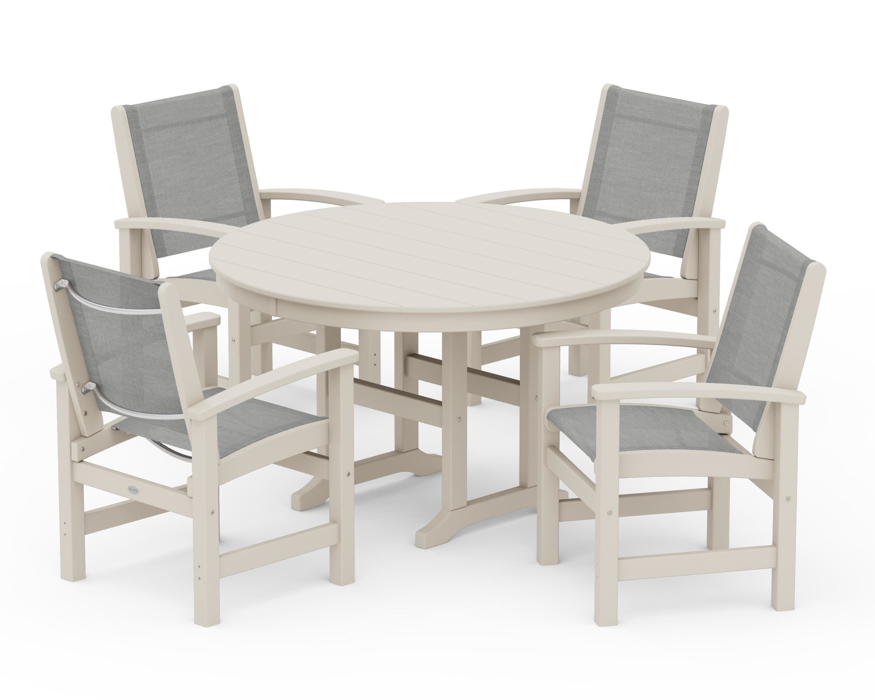 POLYWOOD® Coastal 5-Piece Round Farmhouse Dining Set in Sand / Metallic Sling