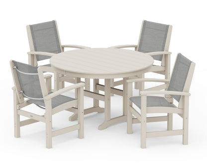 POLYWOOD® Coastal 5-Piece Round Farmhouse Dining Set in Sand / Metallic Sling