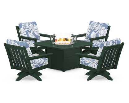 POLYWOOD® Vineyard 5-Piece Deep Seating Swivel Conversation Set with Fire Pit Table in Green / Leaf Sky Blue